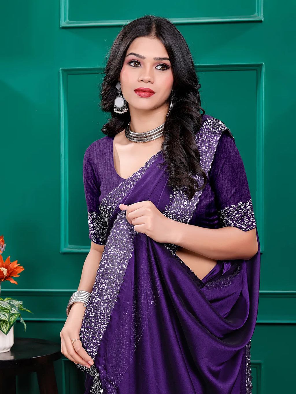 Silk  Siroski  Diamond Lace Work Saree