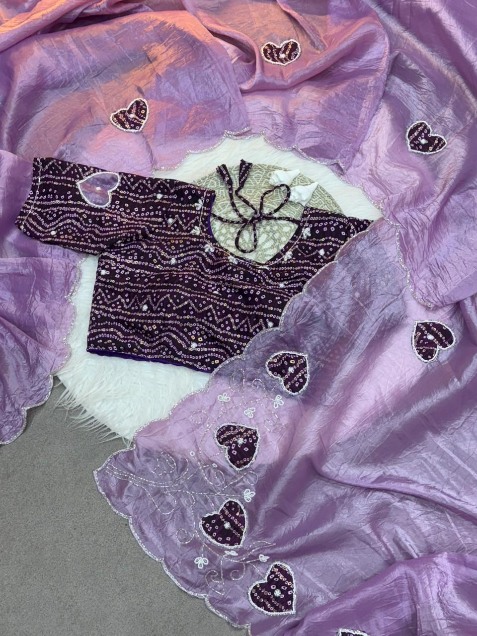 Royal Heart Motif Bandhani Saree with Rich Floral Pallu & Cutdana Embellishments