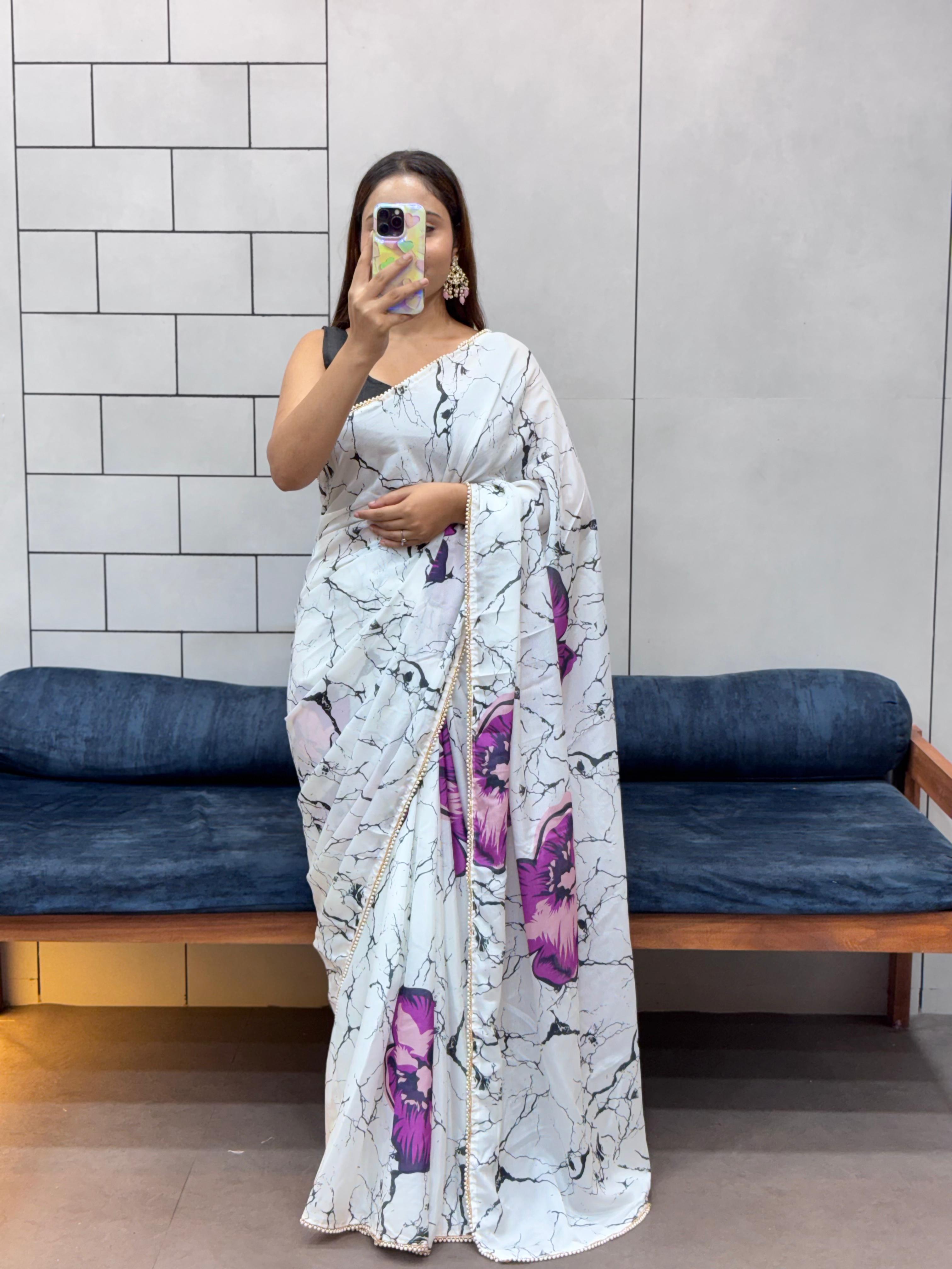 Elegant Floral Shibori Print Saree with Pearl Moti Lace and Black Satin Blouse