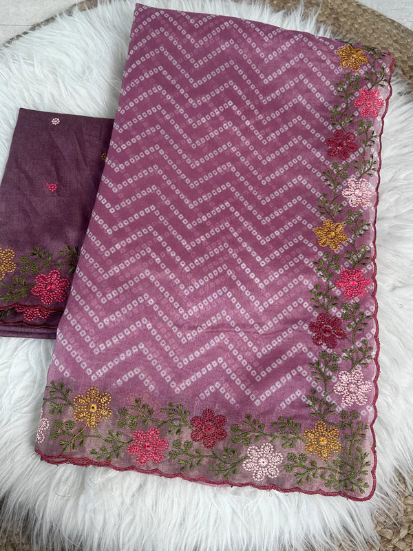 Bandhani Printed Cotton Silk Saree with Embroidery Work