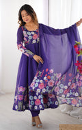 Women Floral Printed Organza Silk Flared Anarkali Kurta Set - Pionex Fab