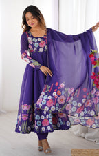 Women Floral Printed Organza Silk Flared Anarkali Kurta Set