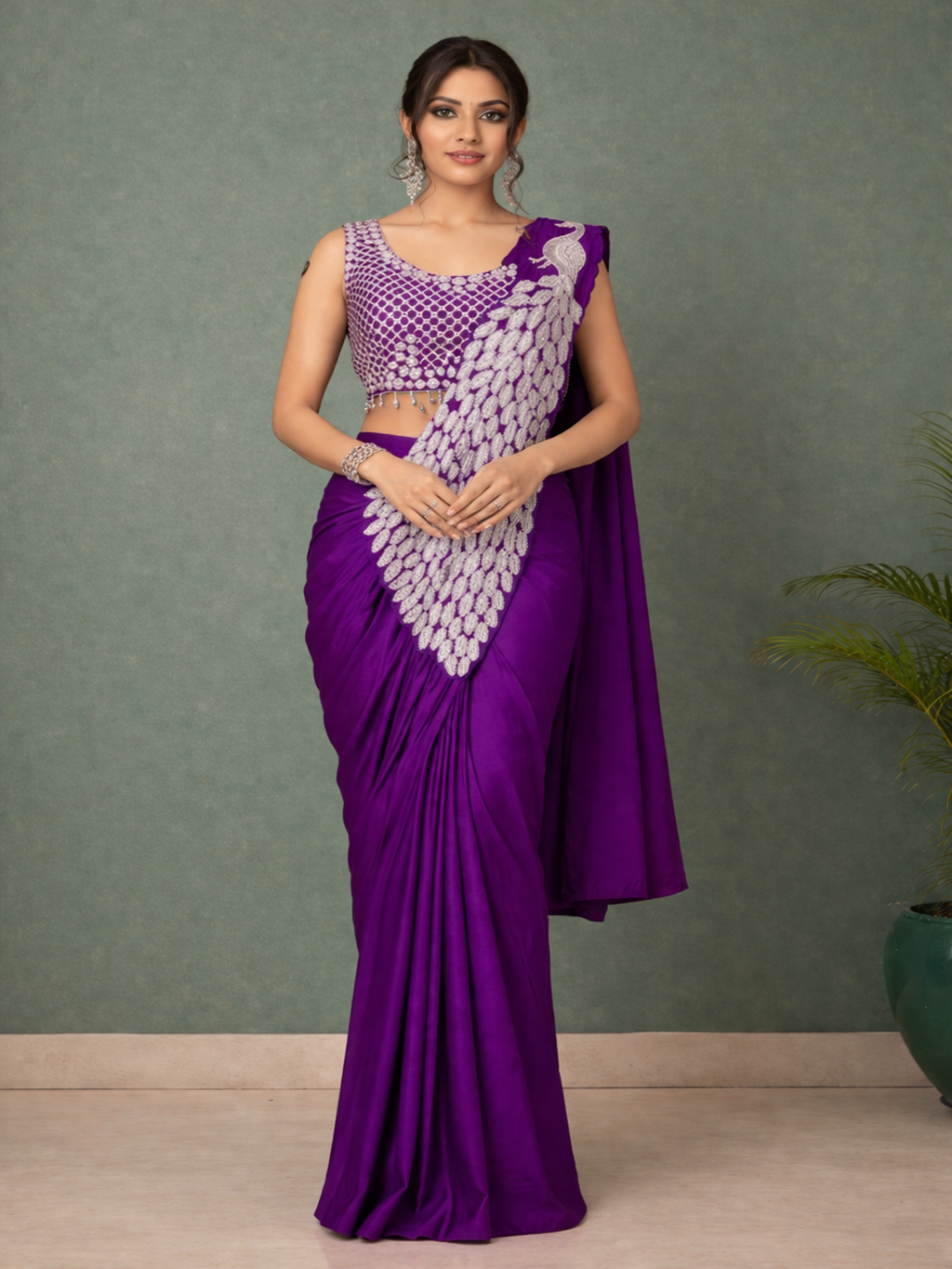 Ready to Wear Silk Crepe Saree with Heavy Embroidery Sequence Work Stitched Blouse