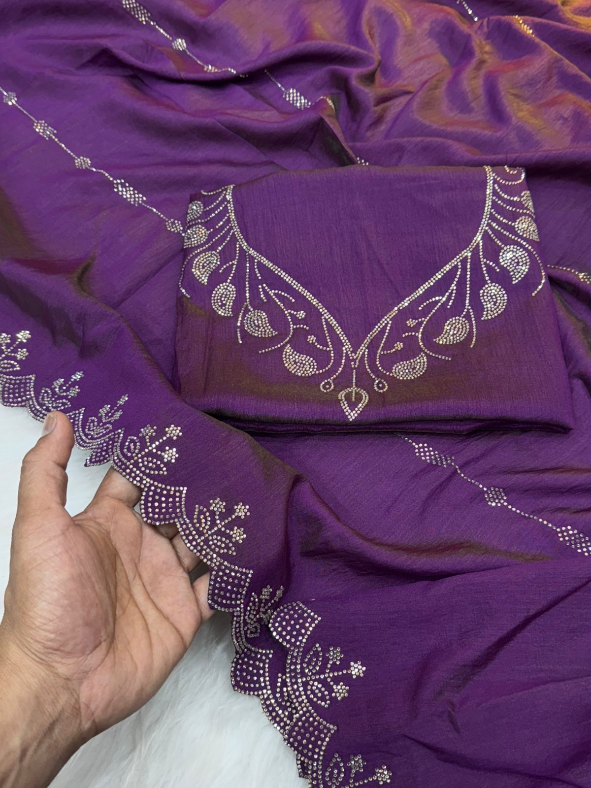 Two-Tone Chocolate Saree with Diamond Panel Handwork and All-Over Cutwork