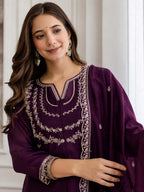 Embroidery Vichitra Silk Anarkali Kurta Pant Set With Dupatta