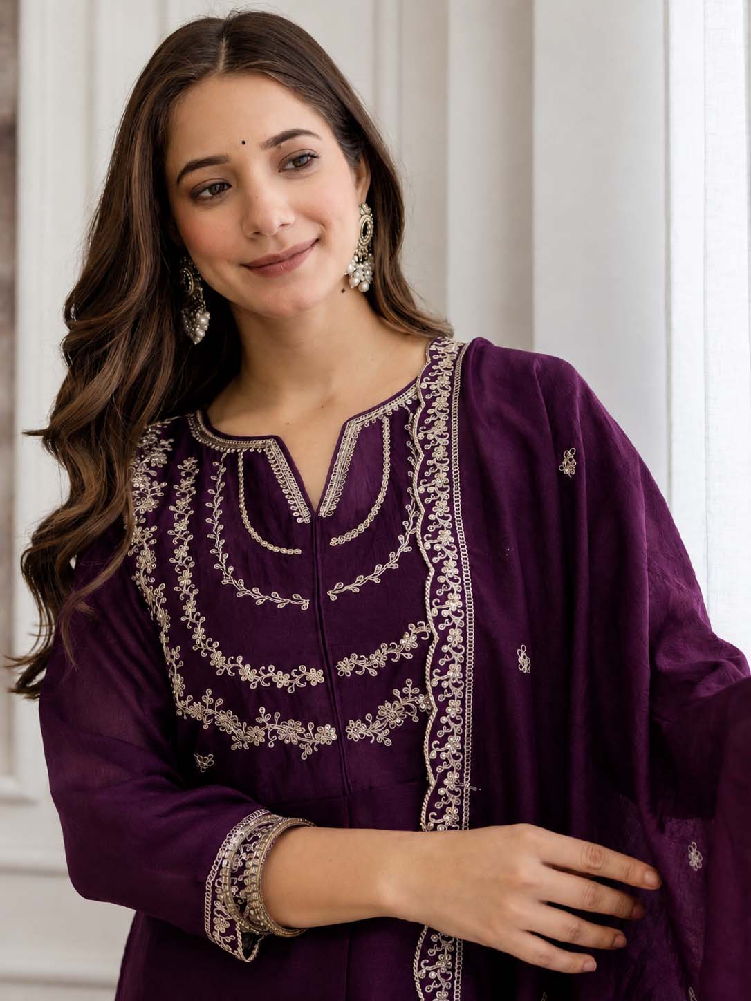 Embroidery Vichitra Silk Anarkali Kurta Pant Set With Dupatta