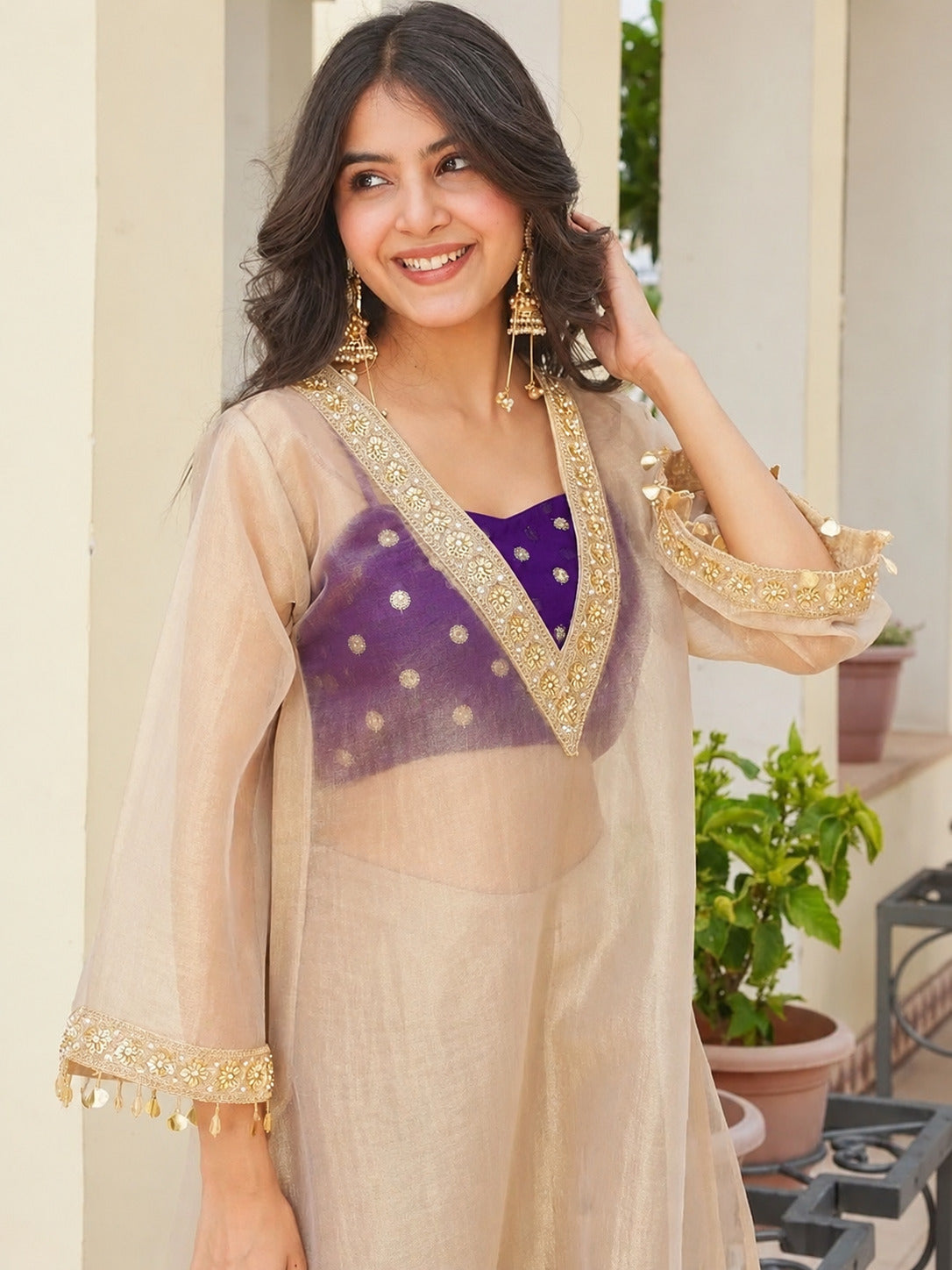 Salsa Fabric Embroidered Kurta and Palazzo Set with Inner Top