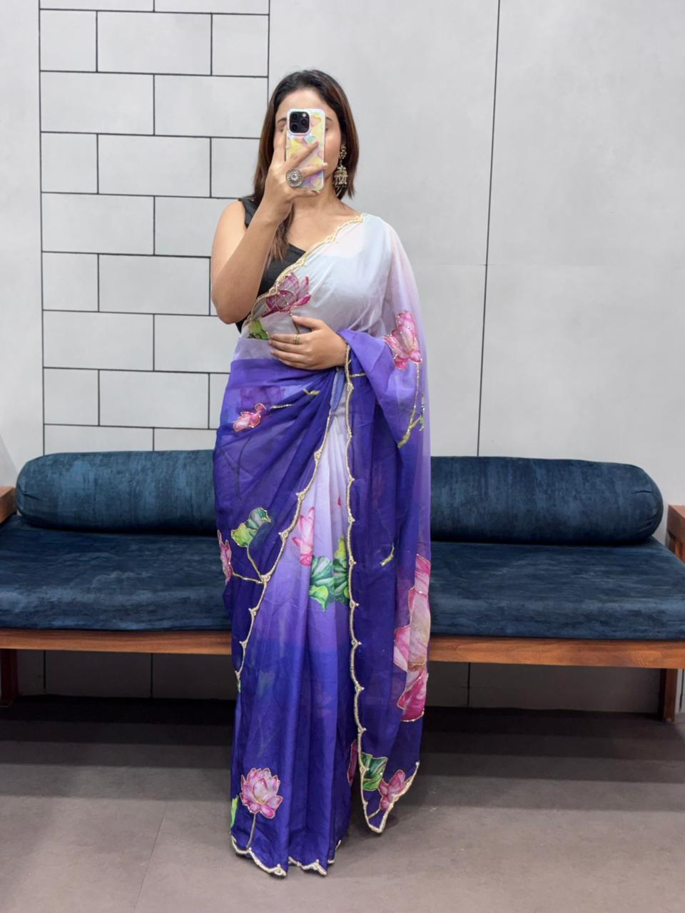 Celebrity Style Tabi Organza Saree with Padded Florals and Cut Dana Hand Work