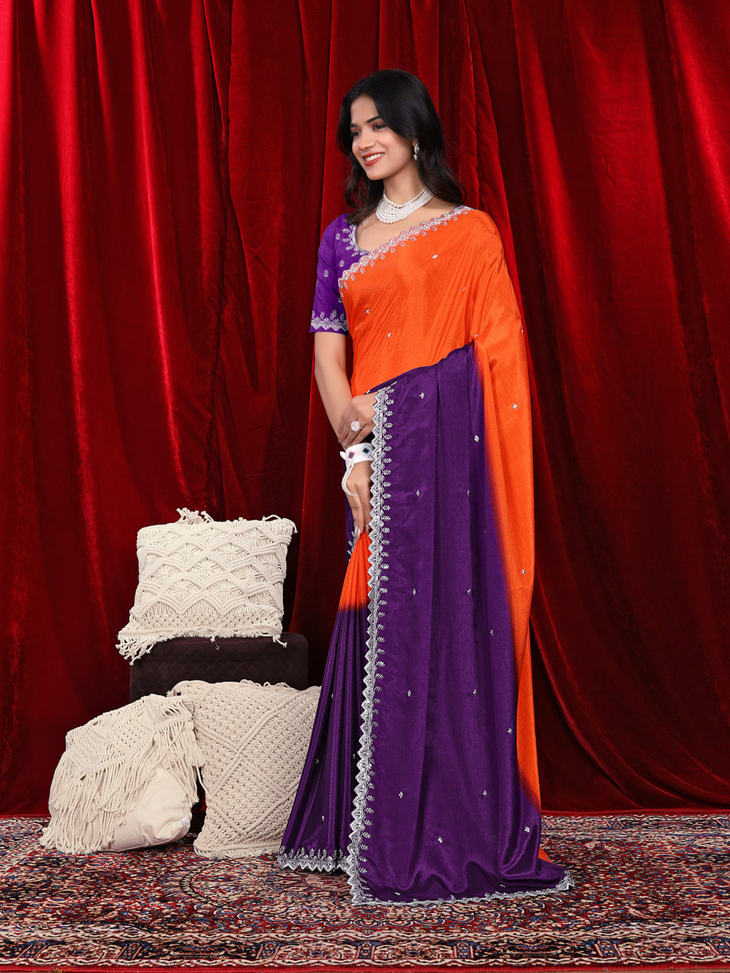 Chinon Embroidered Saree with Shaded Solid Color Design