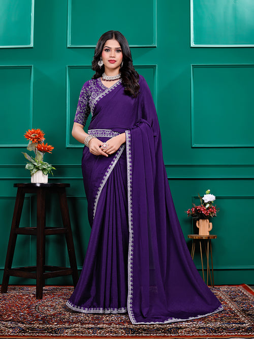 Chiffon Embroidery Sequence Lace Border Saree With Belt - Pionex Fab