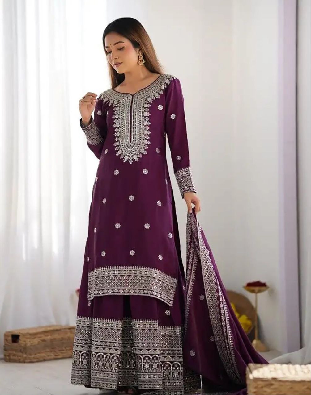 Chinon Embroidered Kurta with Sharara & Dupatta Set