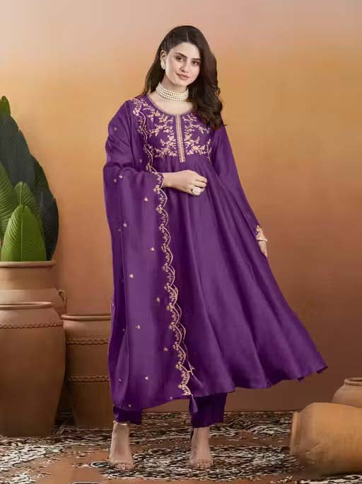 Silk Embroidered Anarkali Kurta, Pant & Dupatta Set