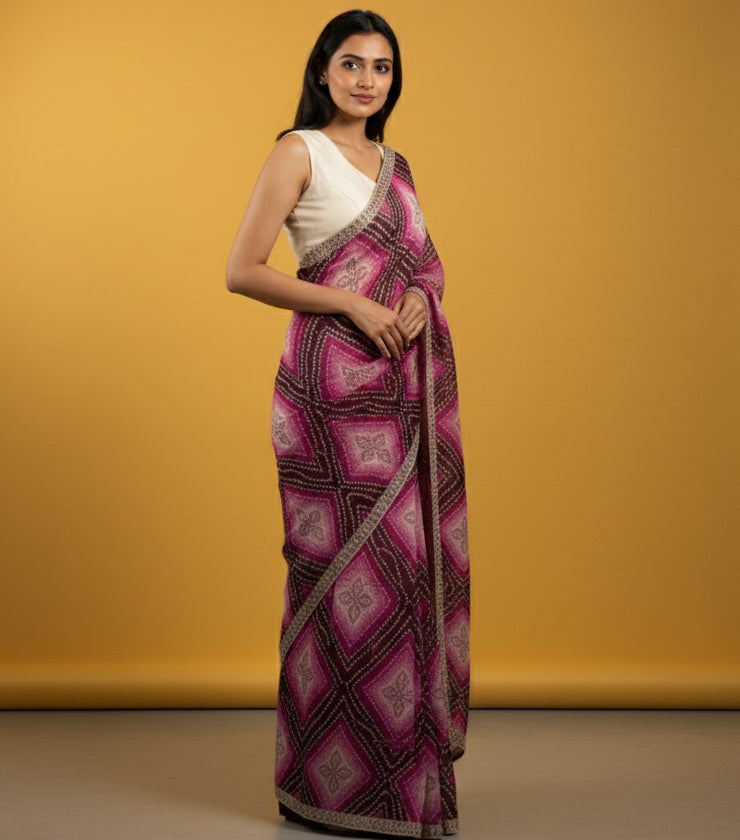 Bandhani Printed Chiffon Saree with Embroidered Border