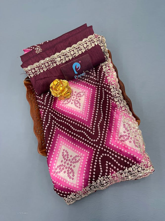Bandhani Printed Chiffon Saree with Embroidered Border