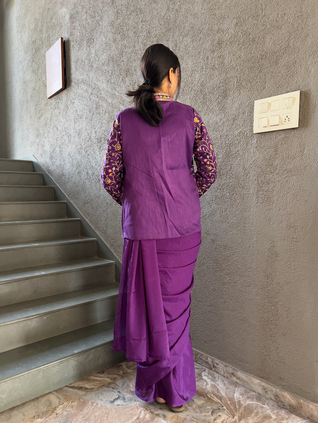 Heavy Chinon Jacket Saree With Blouse and Cording Embroidered Work