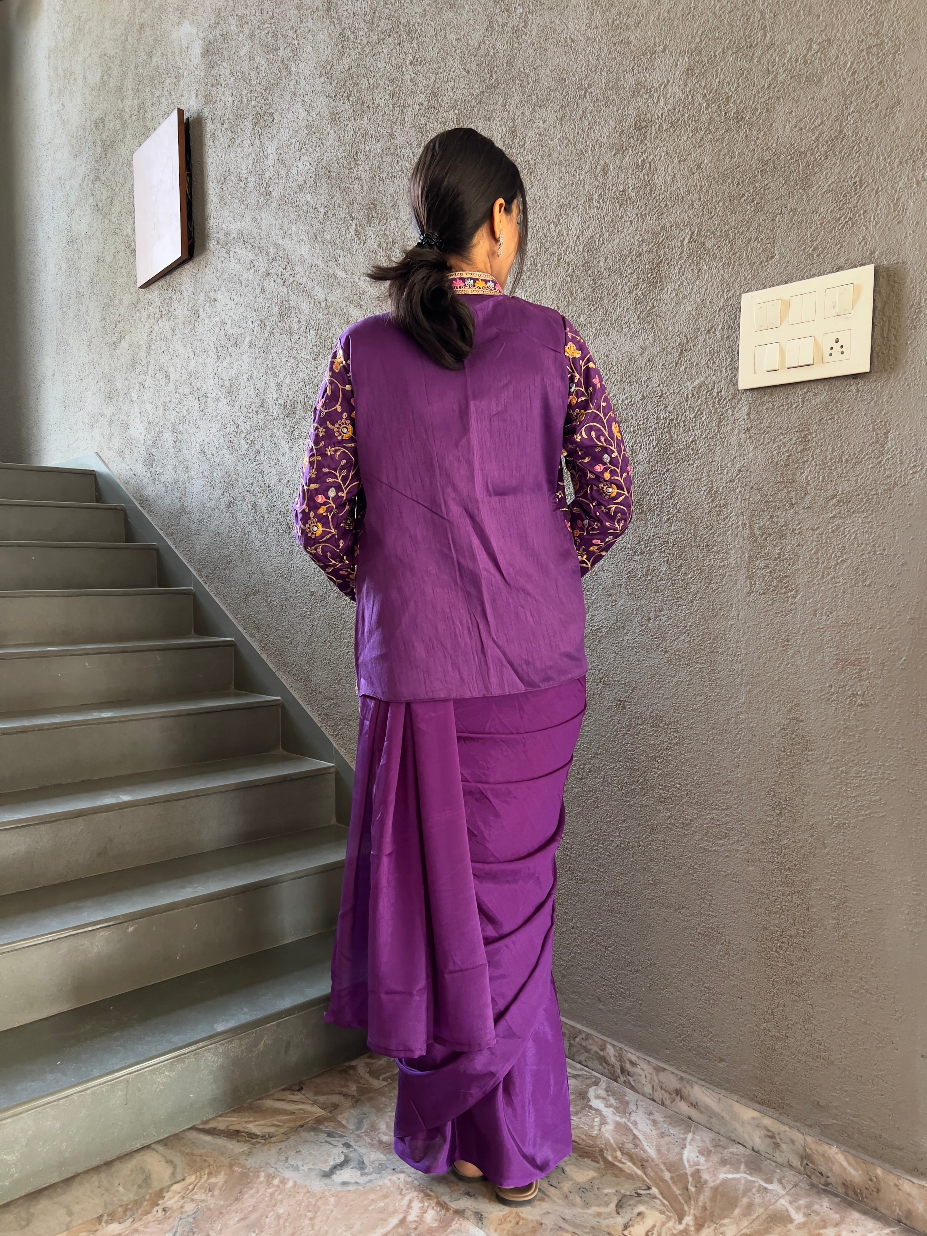 Heavy Chinon Jacket Saree With Blouse and Cording Embroidered Work