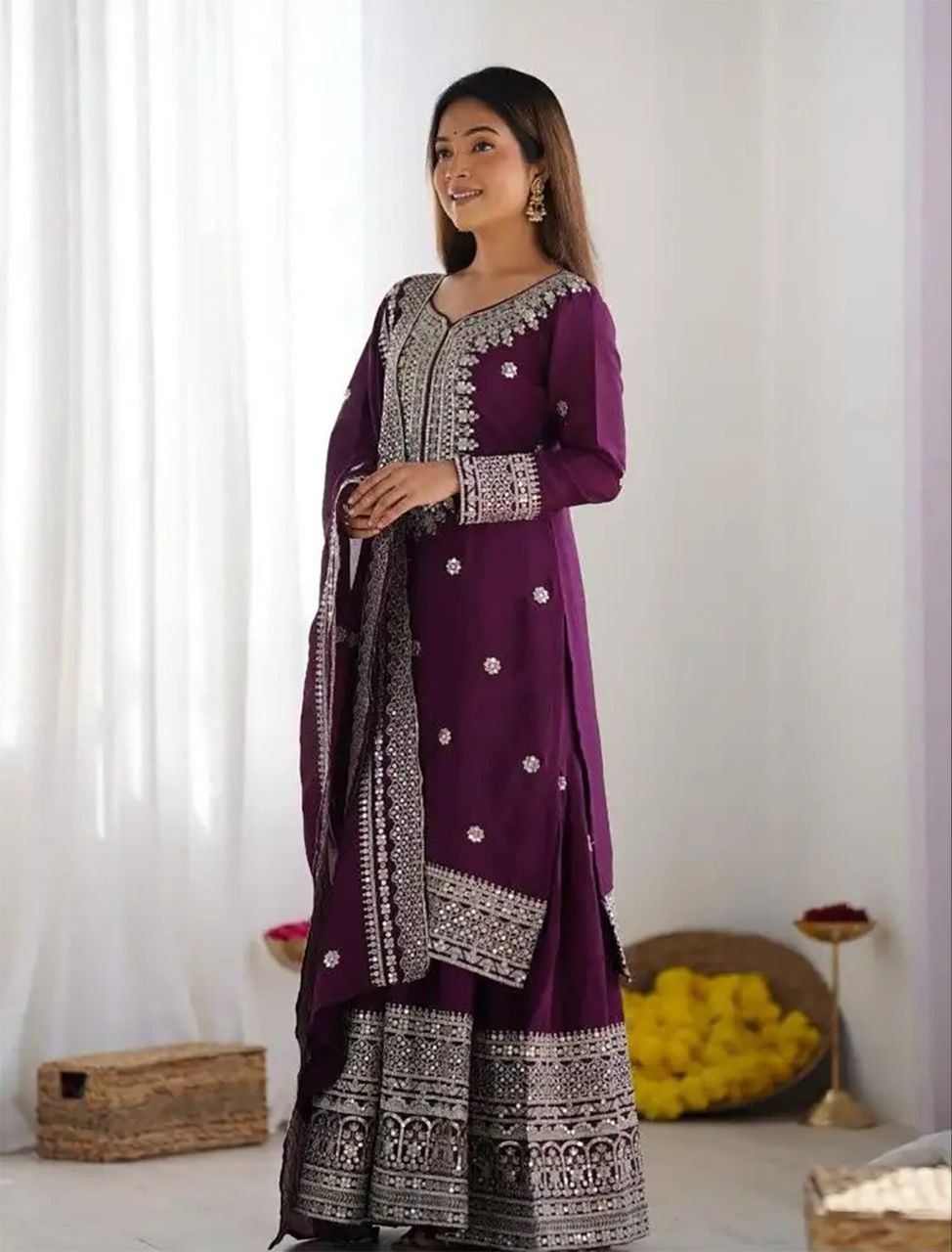 Chinon Embroidered Kurta with Sharara & Dupatta Set