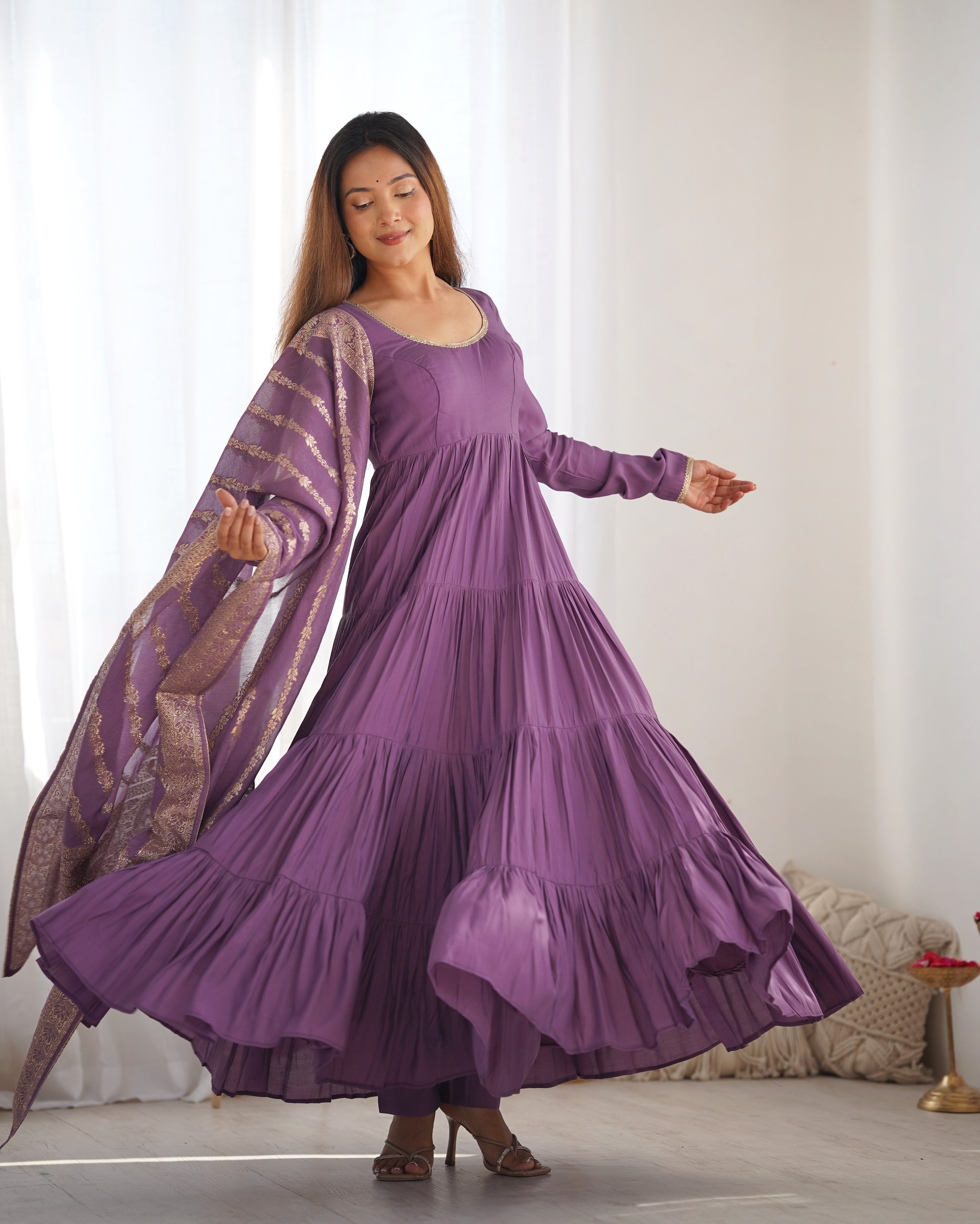 Roman Silk Chanderi Fully Flared Anarkali Suit Set