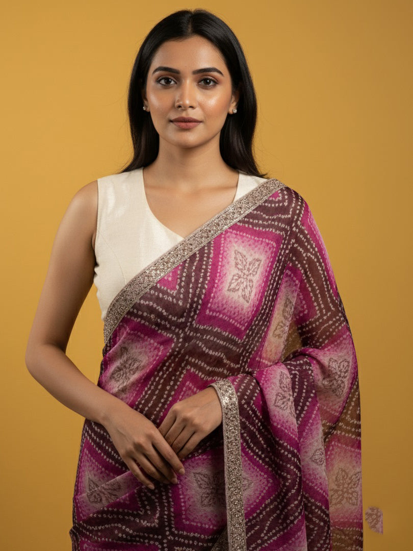 Bandhani Printed Chiffon Saree with Embroidered Border