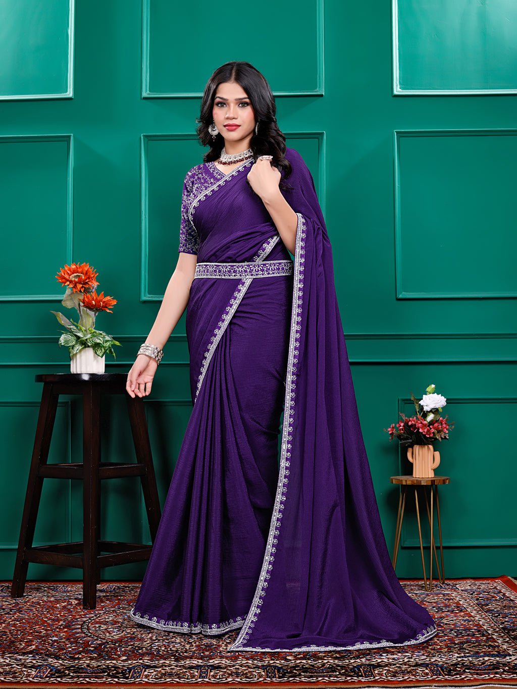 Chiffon Embroidery Sequence Lace Border Saree With Belt