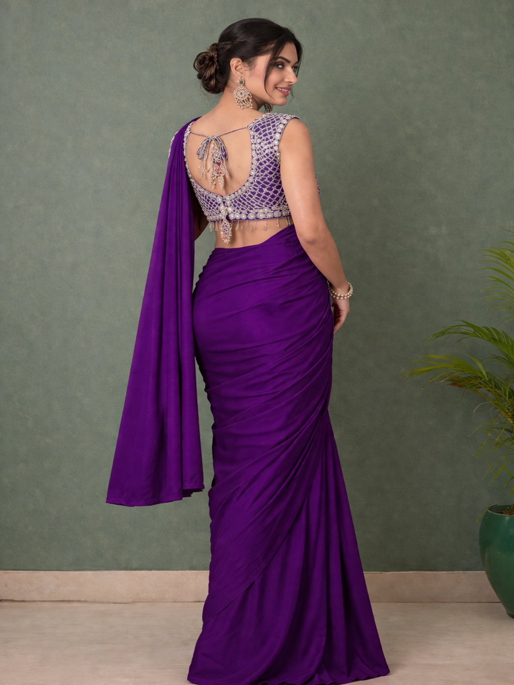 Ready to Wear Silk Crepe Saree with Heavy Embroidery Sequence Work Stitched Blouse