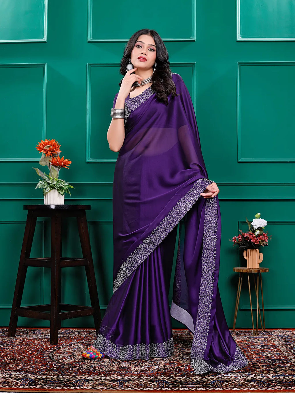 Silk  Siroski  Diamond Lace Work Saree