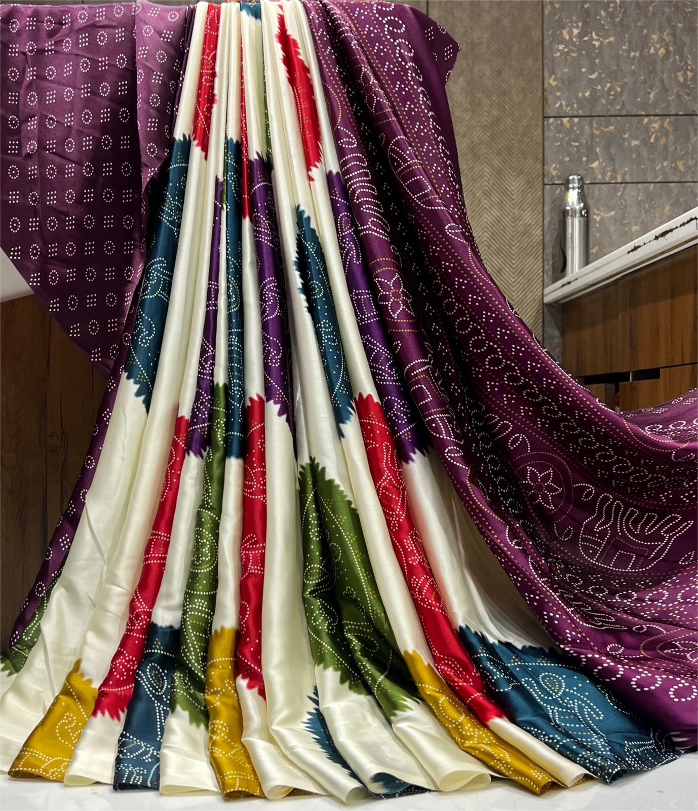 Ajrakh Printed Satin Silk Saree with Blouse Piece