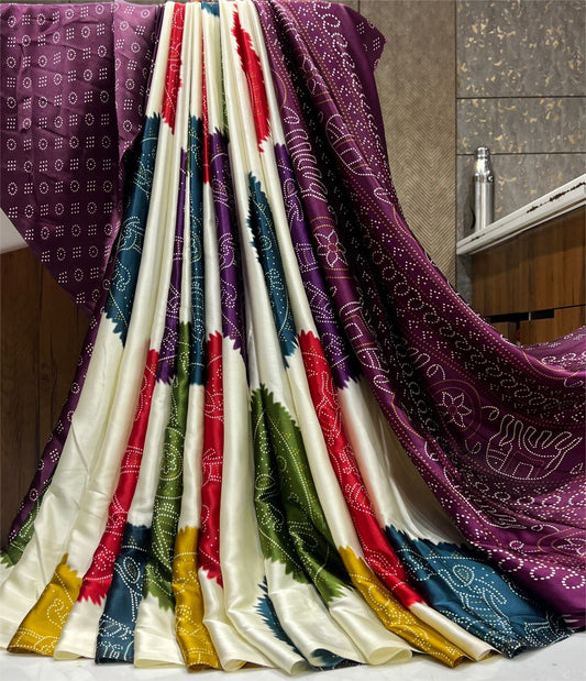 Ajrakh Printed Satin Silk Saree with Blouse Piece