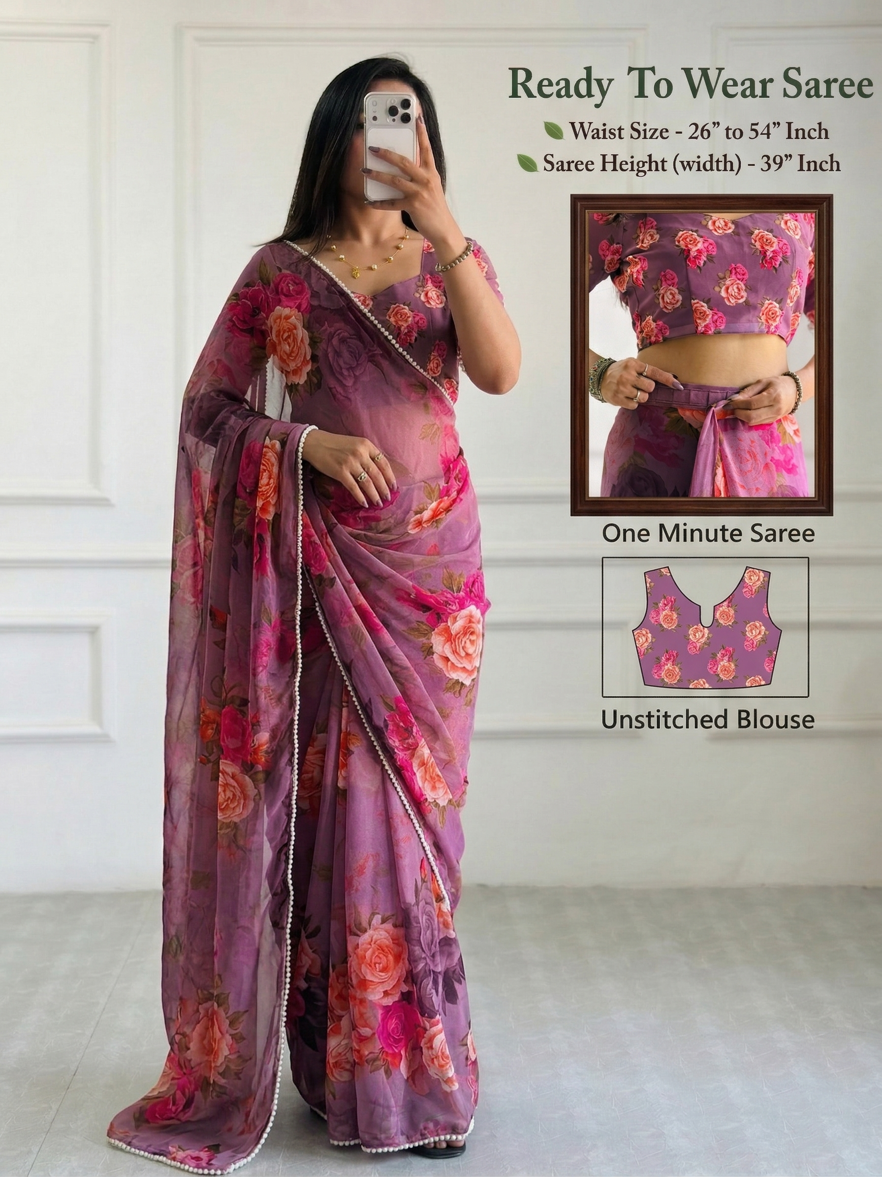 1-Mintue Ready-to-Wear Floral Printed Georgette Saree with Pearl (Moti) Work Border