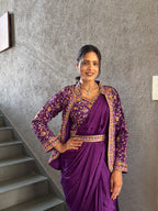 Heavy Chinon Jacket Saree With Blouse and Cording Embroidered Work