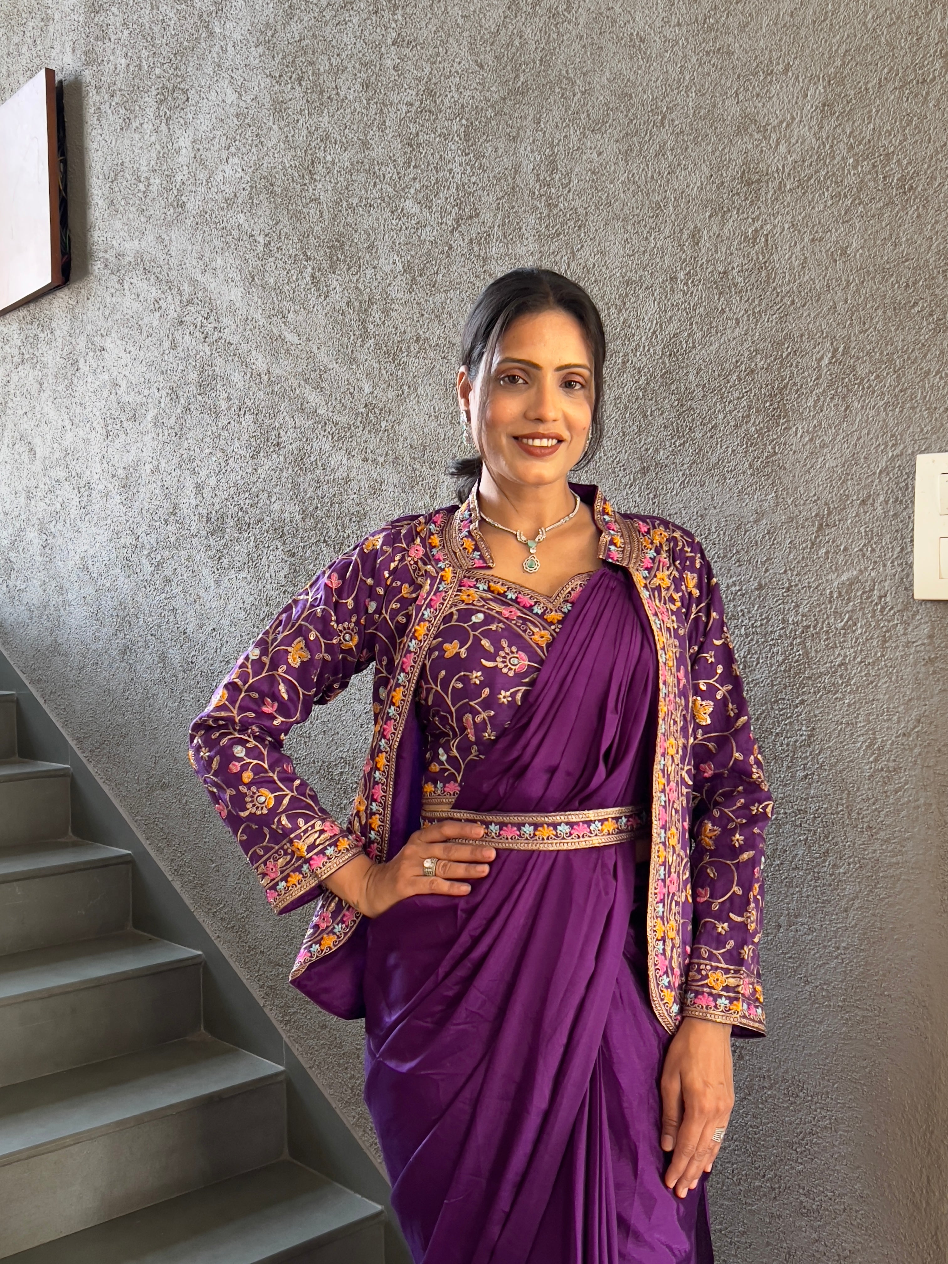 Heavy Chinon Jacket Saree With Blouse and Cording Embroidered Work