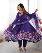 Women Floral Printed Organza Silk Flared Anarkali Kurta Set