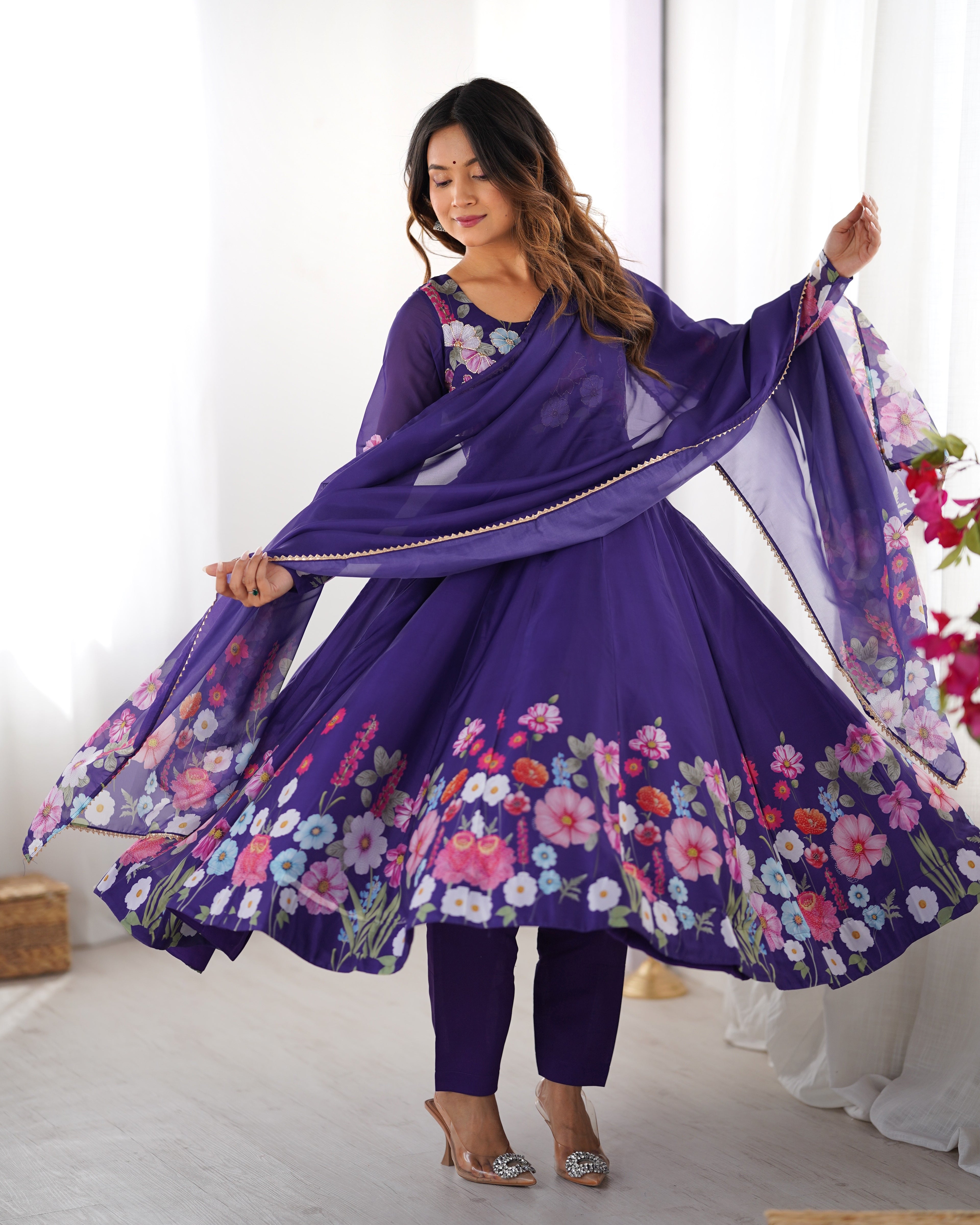 Women Floral Printed Organza Silk Flared Anarkali Kurta Set