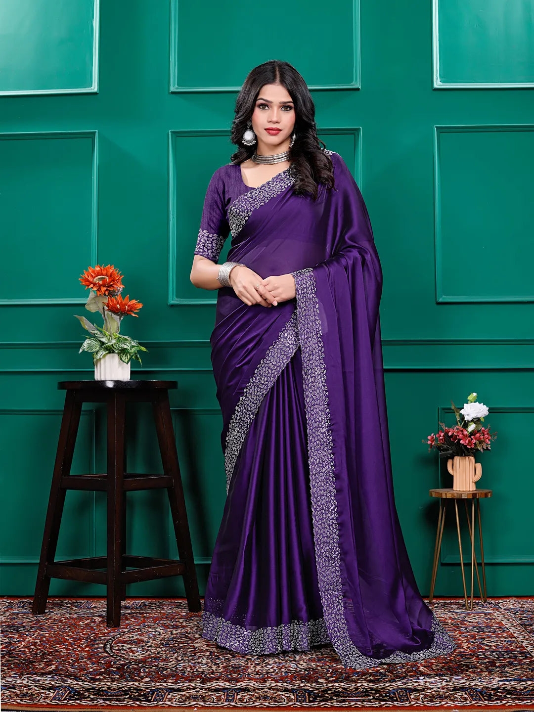 Silk  Siroski  Diamond Lace Work Saree