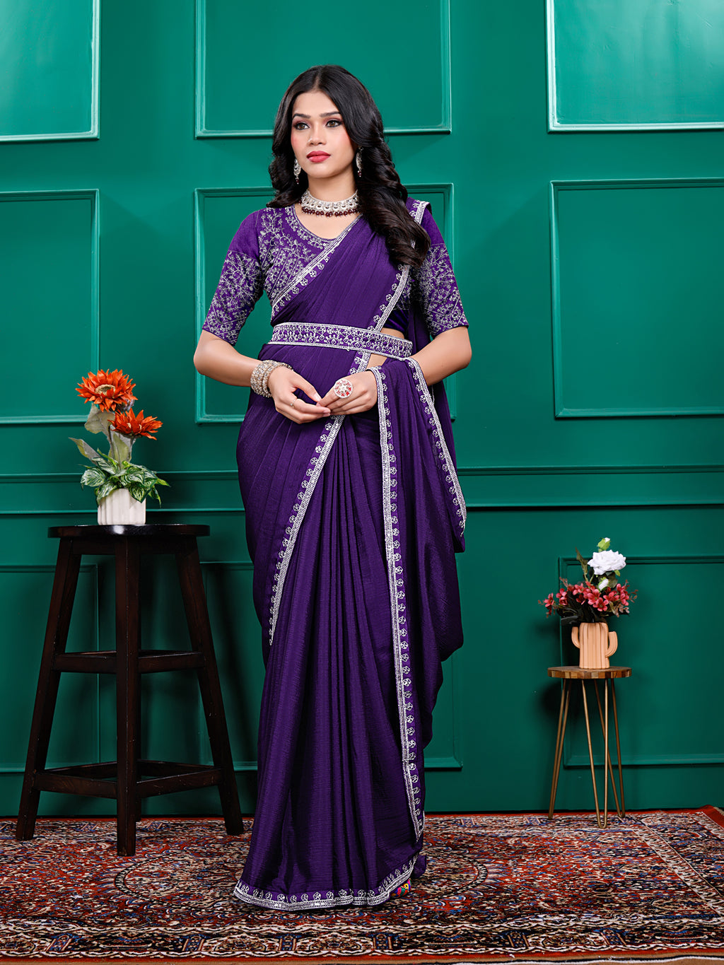 Chiffon Embroidery Sequence Lace Border Saree With Belt