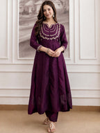 Embroidery Vichitra Silk Anarkali Kurta Pant Set With Dupatta