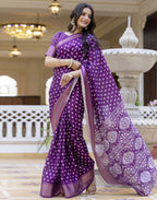 Ready-to-Wear Dola Silk Bandhani Saree with Zari Woven Chevron Border & Designer Pallu