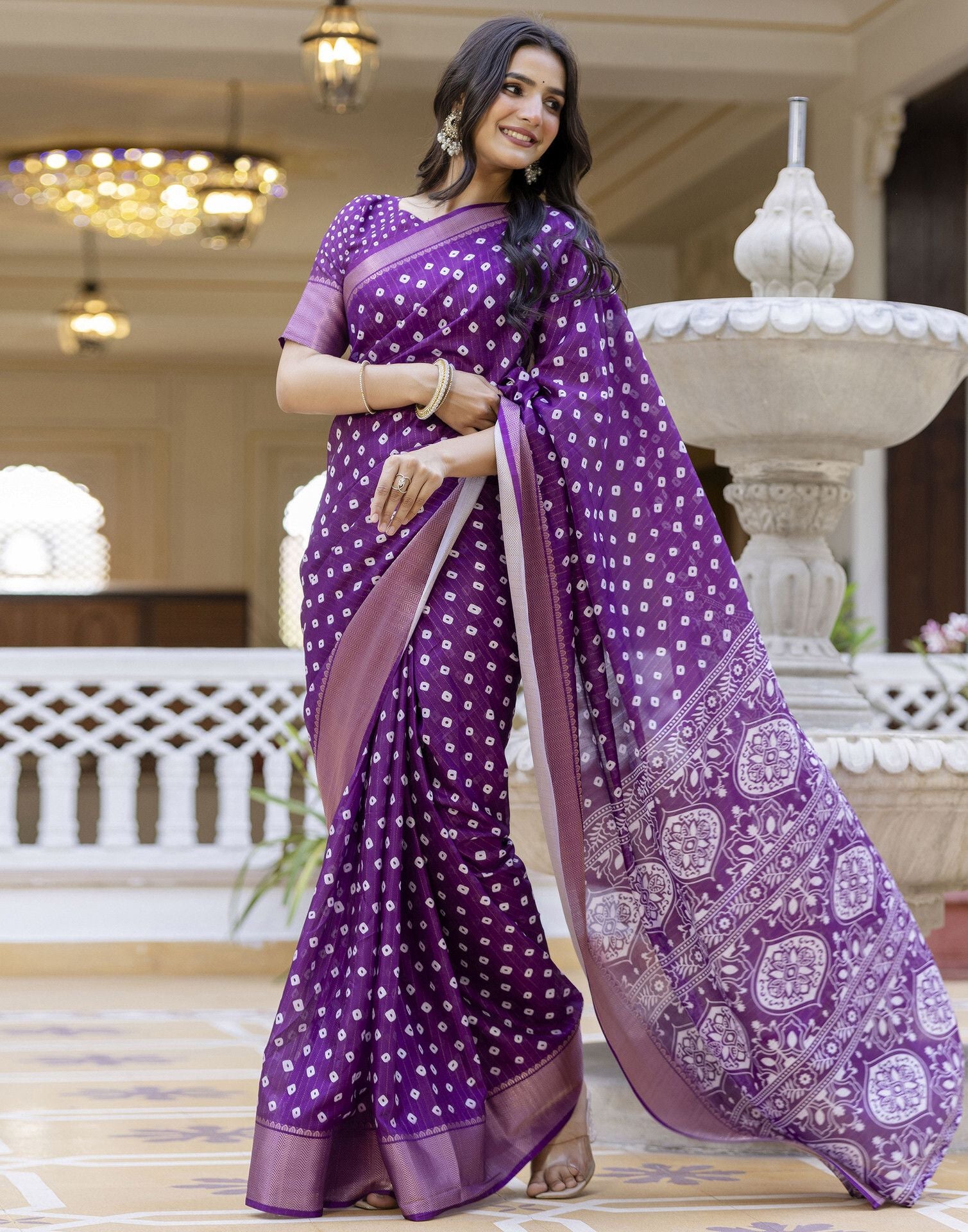 Ready-to-Wear Dola Silk Bandhani Saree with Zari Woven Chevron Border & Designer Pallu