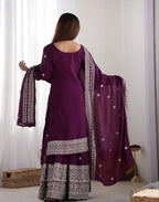 Chinon Embroidered Kurta with Sharara & Dupatta Set