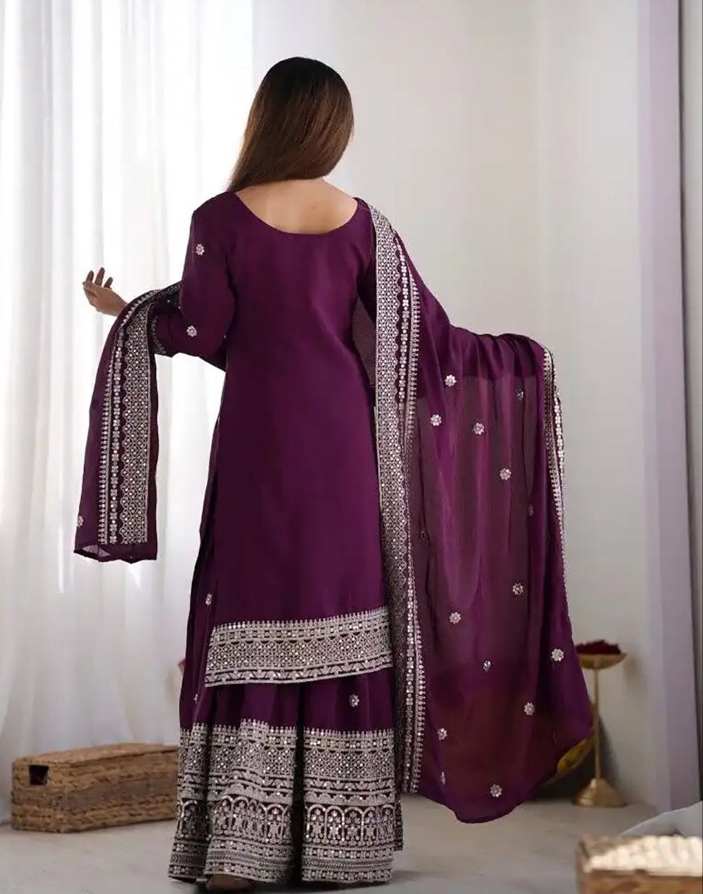 Chinon Embroidered Kurta with Sharara & Dupatta Set