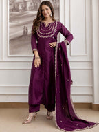 Embroidery Vichitra Silk Anarkali Kurta Pant Set With Dupatta
