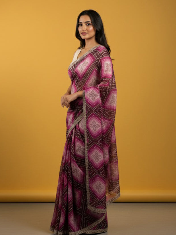 Bandhani Printed Chiffon Saree with Embroidered Border