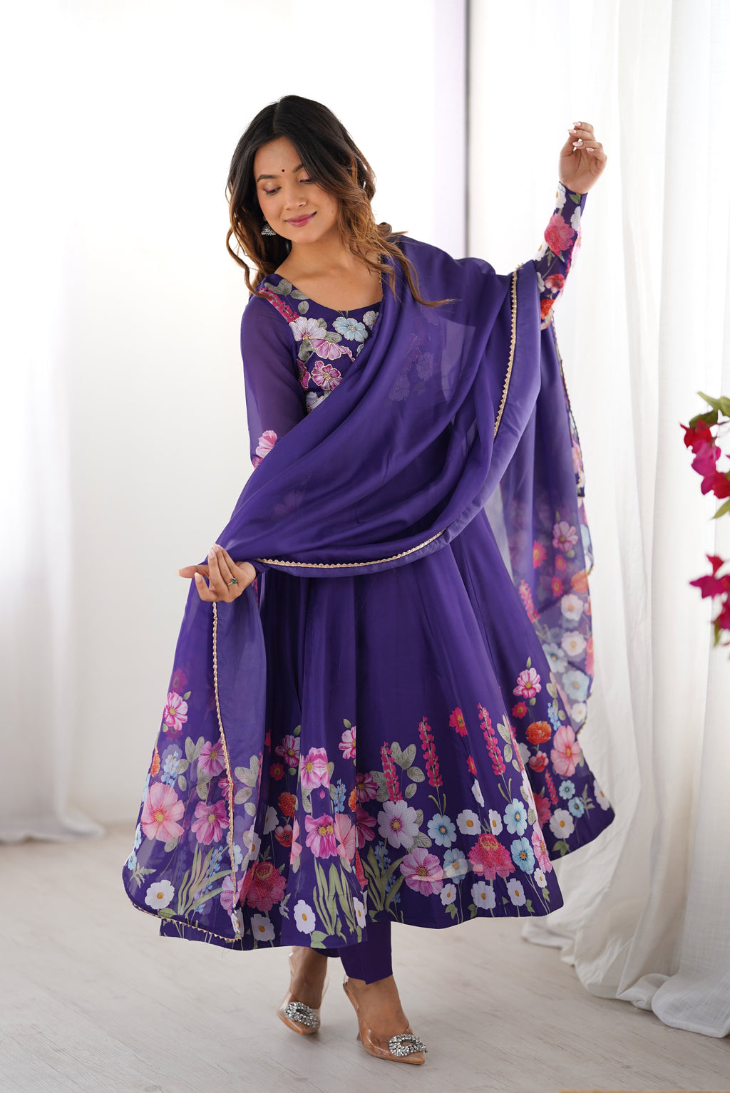 Women Floral Printed Organza Silk Flared Anarkali Kurta Set