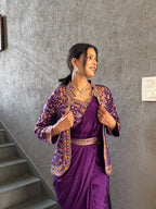 Heavy Chinon Jacket Saree With Blouse and Cording Embroidered Work