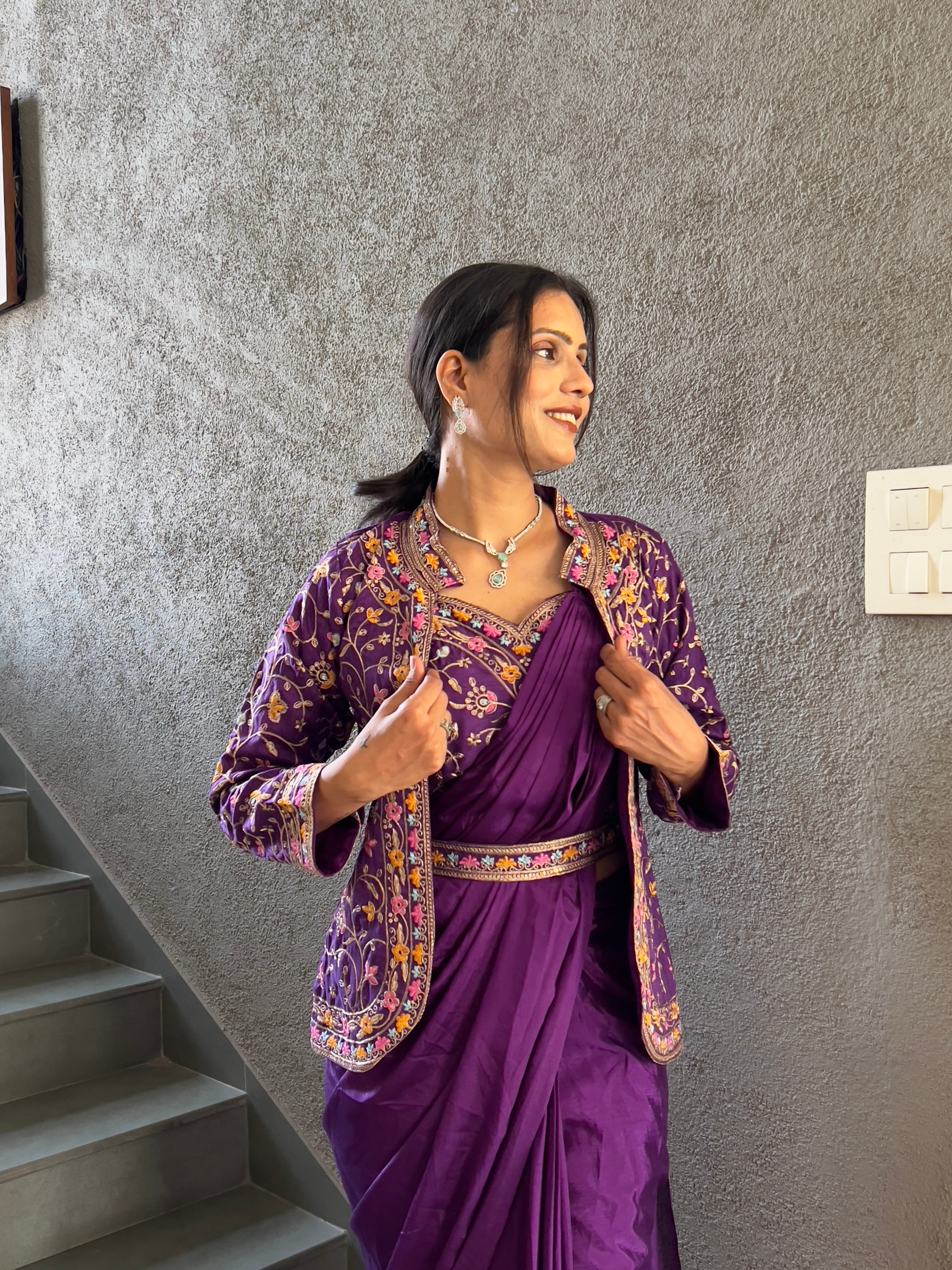 Heavy Chinon Jacket Saree With Blouse and Cording Embroidered Work