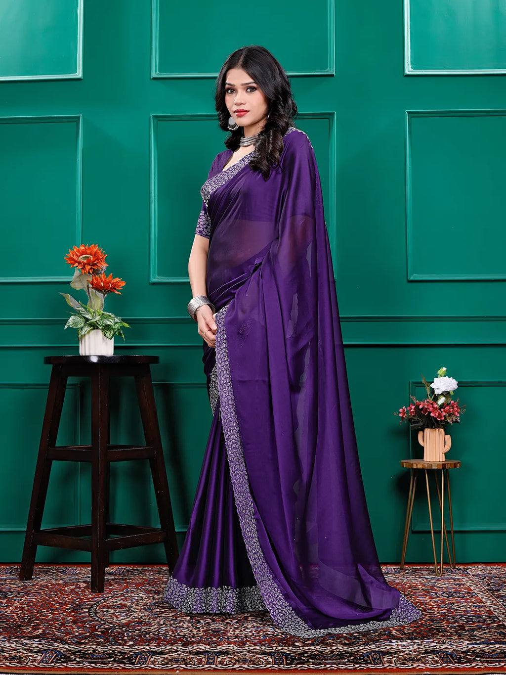 Silk  Siroski  Diamond Lace Work Saree