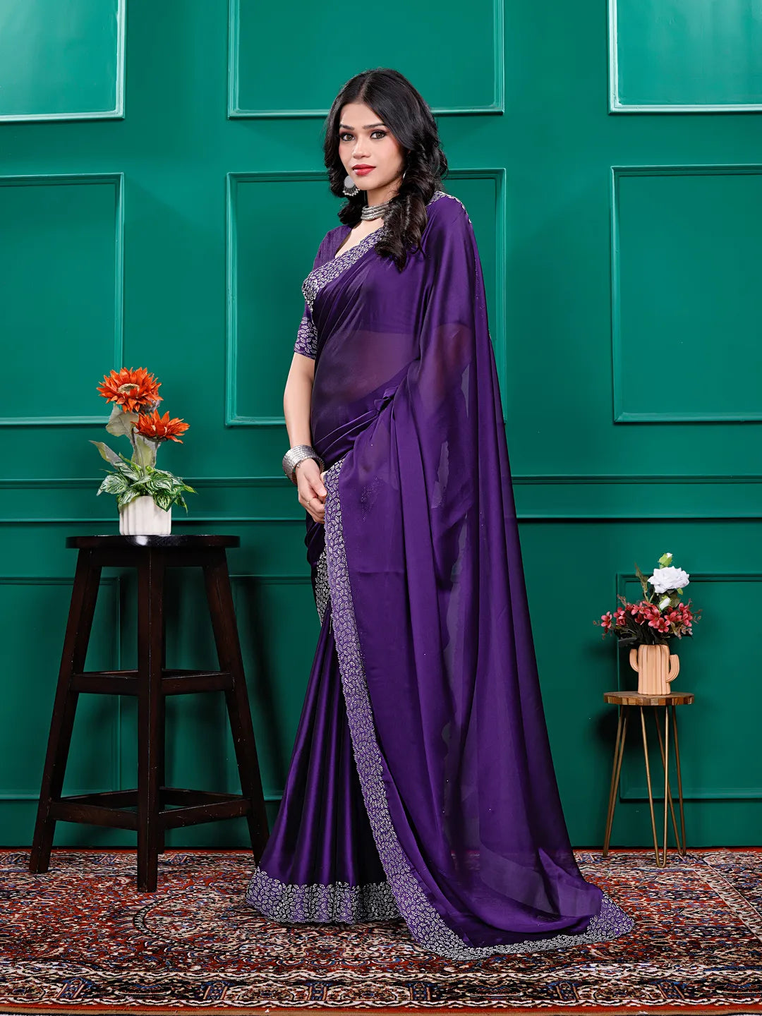 Silk  Siroski  Diamond Lace Work Saree