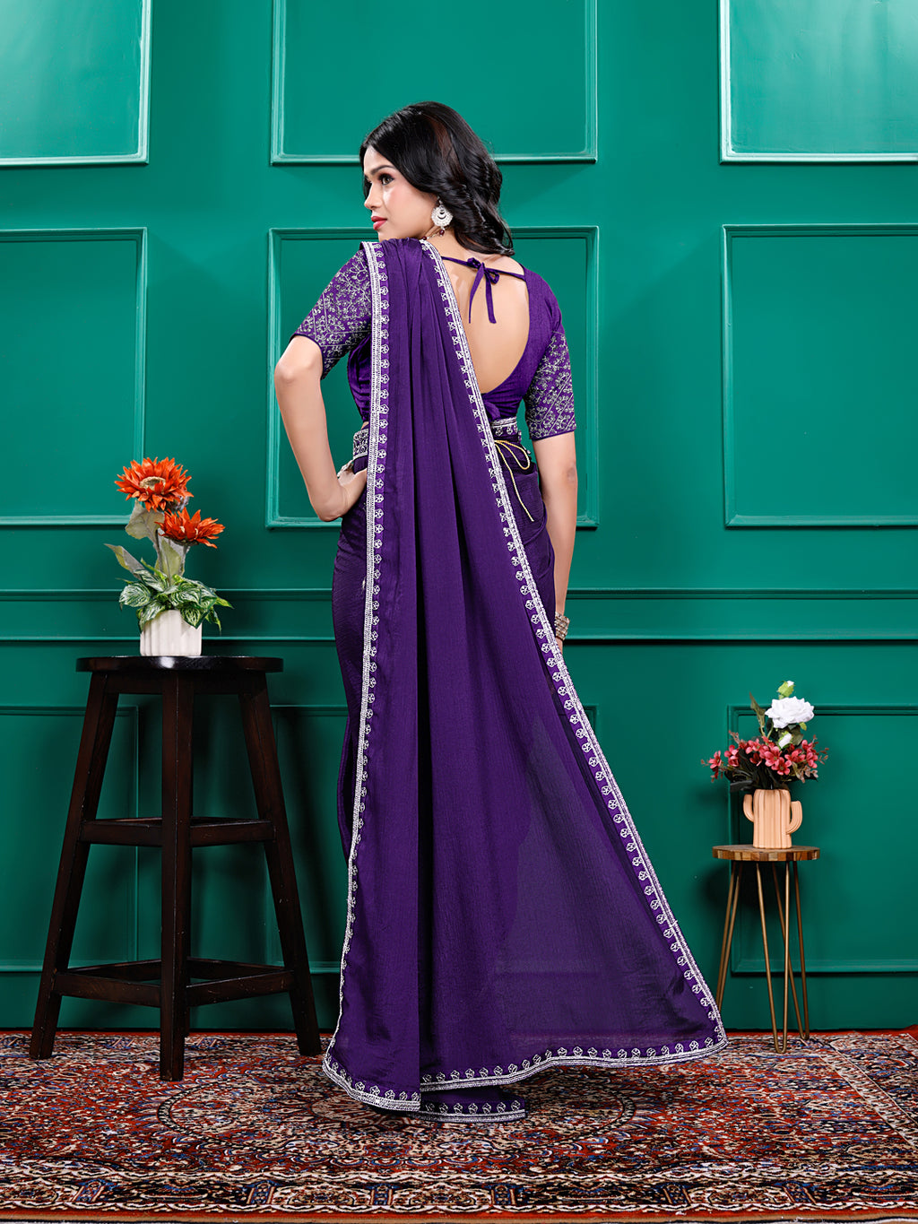Chiffon Embroidery Sequence Lace Border Saree With Belt