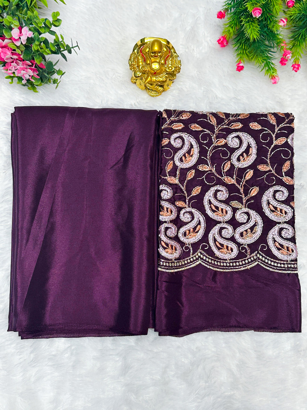 Plain Solid Silk Saree with Embroidered Thread, Beads work Blouse