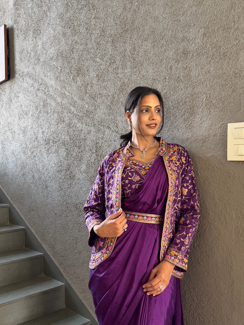 Heavy Chinon Jacket Saree With Blouse and Cording Embroidered Work
